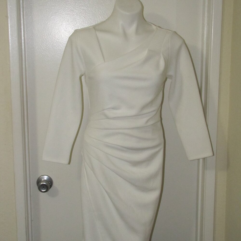 White Long Sleeve Bodycon Dress – Asymmetrical Neckline Midi Cocktail Party Dres